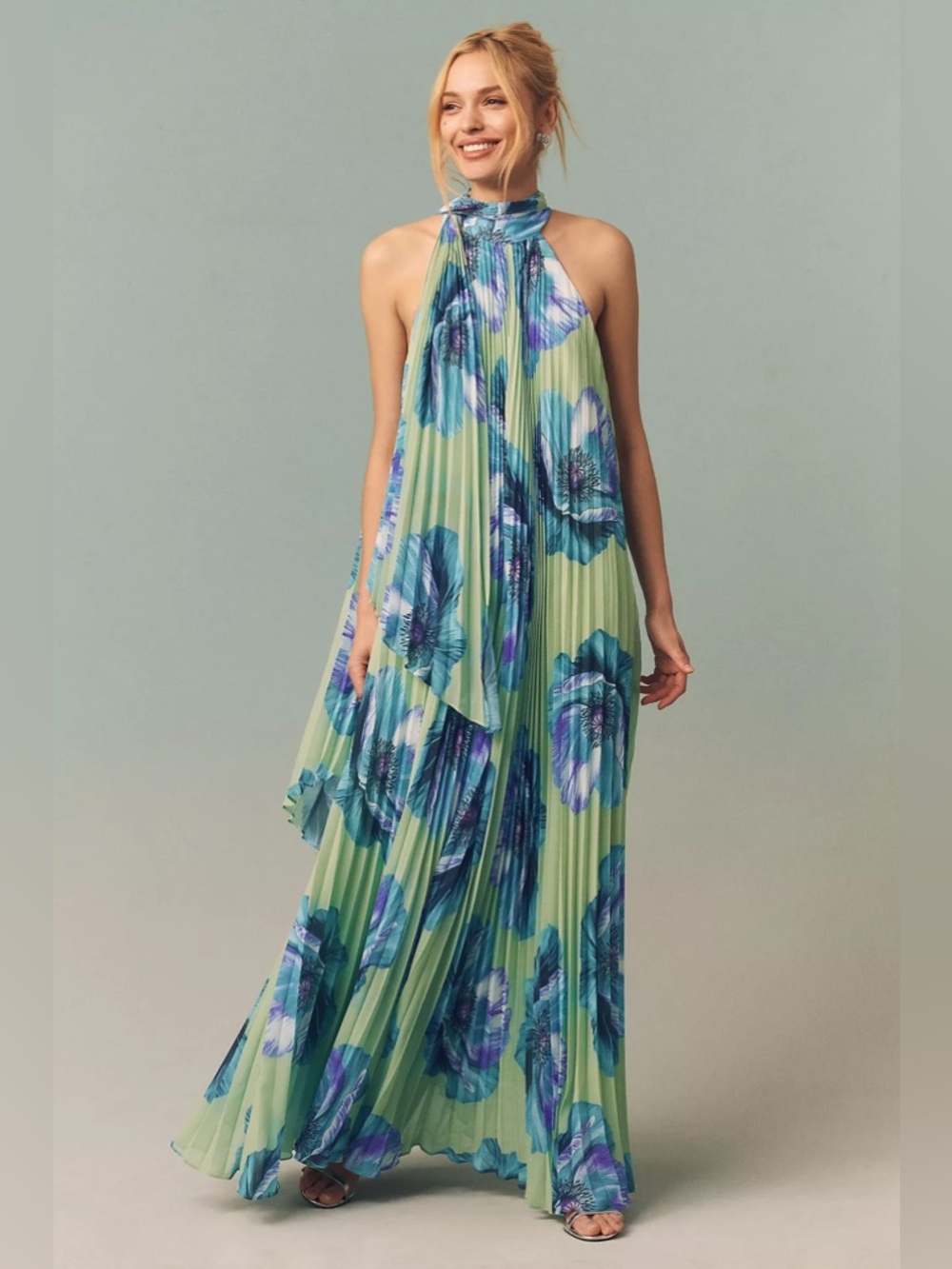 BHLDN Rosie Mock-Neck Pleated Chiffon Maxi Dress Anthropologie Summer Wedding ✅ - Picture 5 of 8